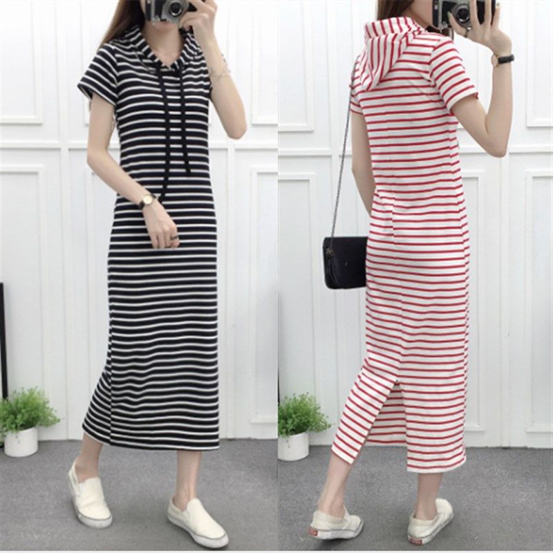 带帽连衣裙女夏季2021新款条纹短袖休闲长裙V领显瘦后开叉连衣裙,女装/女士精品,连衣裙,淘宝优惠券,粉丝福利购,淘宝优惠卷