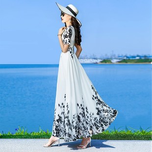 白色连衣裙女2024夏季新款雪纺碎花气质V领显瘦长裙超长款到脚踝