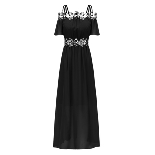 吊带长款 夏显瘦气质法式 裙子 2020新款 黑色一字肩雪纺连衣裙女夏装