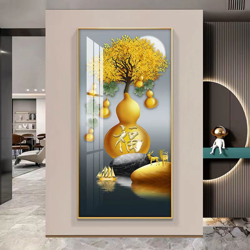 发财树入户玄关装饰挂画新中式走廊过道走廊镇宅竖版晶瓷有框壁画图片