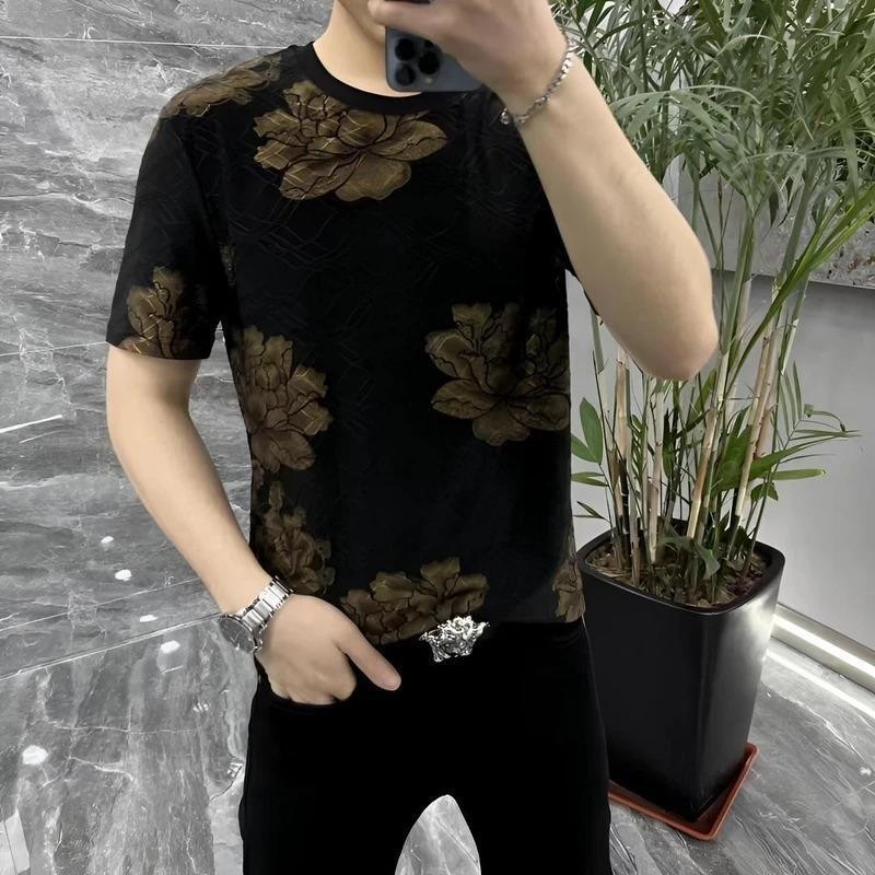 丝萝百货优品专柜夏季新款男时尚潮流修身圆领印花透气短袖冰丝T