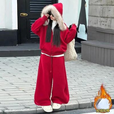 尚喜童装优选儿童女童加厚红色卫衣套装加绒e冬装洋气大童新年时