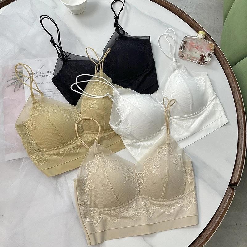 时柒衣社夏季蕾丝裹胸凉感吊带背心无钢圈乳胶杯U型美背内衣露背