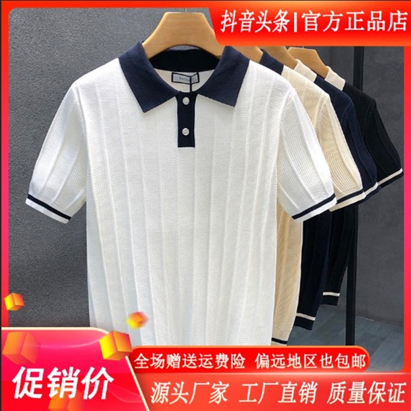 擎凌轻奢男装高端翻领冰丝短袖毛衣翻领休闲针织衫t恤男士半袖