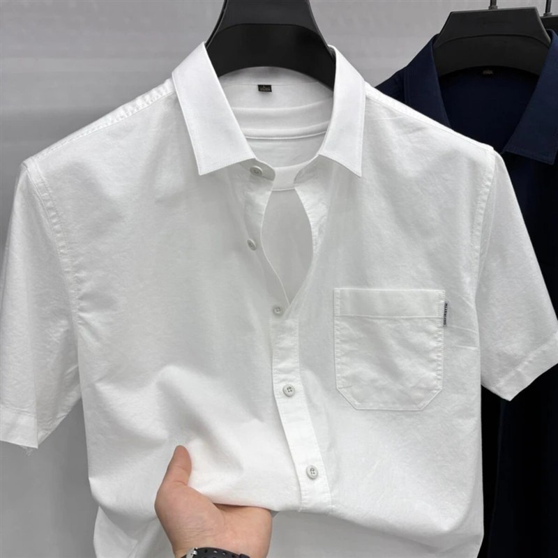 师凯服饰5纯棉短袖衬衫男士纯色口袋款商务休闲衬衣夏季薄款翻领