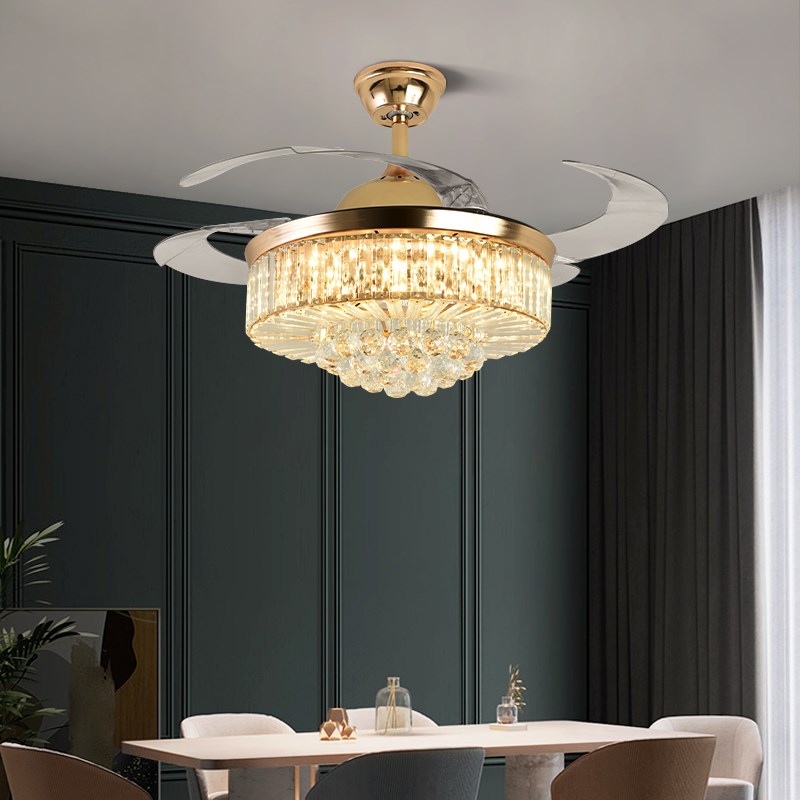 奥宏水晶吊扇灯餐厅欧式隐形电扇吊灯金色变频52寸轻奢客厅风扇灯
