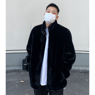 给爸爸带一件男款冬季保暖立领水貂环保皮草貂皮大衣毛毛外套黑色