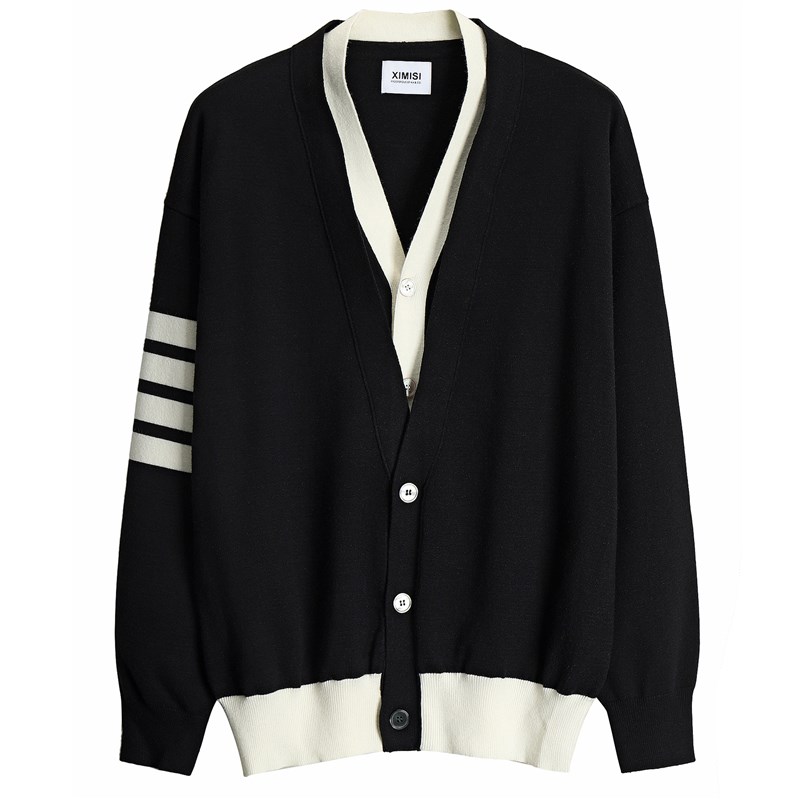 秋冬高端气质开衫男英伦复古撞色V领拼接假两件针织衫毛衣外套男