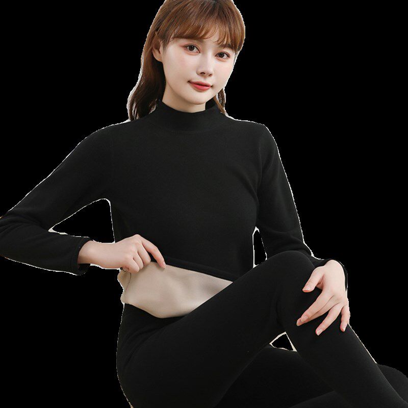 德绒保暖内衣女士加绒加厚一体羊羔绒大码套装发热纯棉秋衣秋裤冬