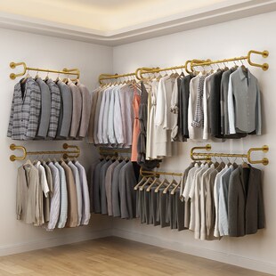 衣帽间架子上墙壁挂式衣架铁艺悬挂式金属衣柜开放卧室金色收纳架