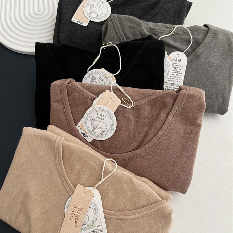 塞德纳6981打底上衣女士长款长袖薄款保暖秋衣绵羊毛内衣圆领