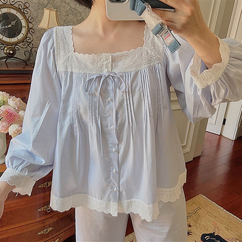 复古宫廷风夏法式纯棉睡衣女白色长袖套装可外穿公主风家居服春秋