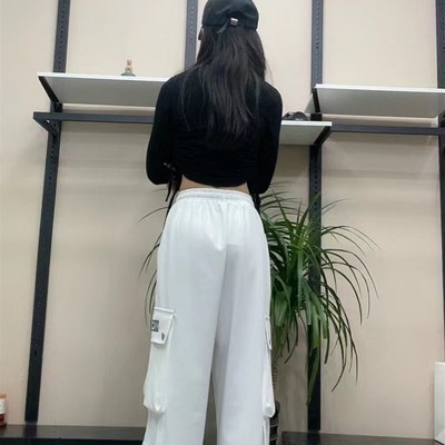 新款飘带大红工装裤男女曳步舞爵士舞蹈宽松版刺绣直筒灯笼裤