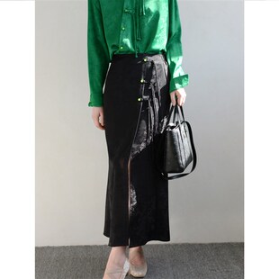 TRR style提花新中式旗袍盘扣轻国风半身裙黑色开叉 女高腰长裙子