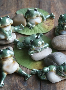 包邮创意可爱陶瓷小青蛙套装摆件迷你盆景装饰品鱼缸布景拍摄道具