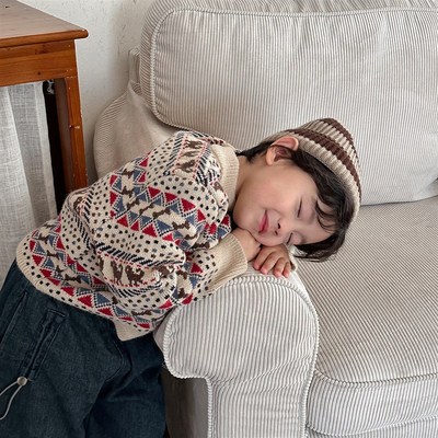 暮晨家新款冬装2024男童加厚半高领毛衣中小童复古风提花毛衣内搭