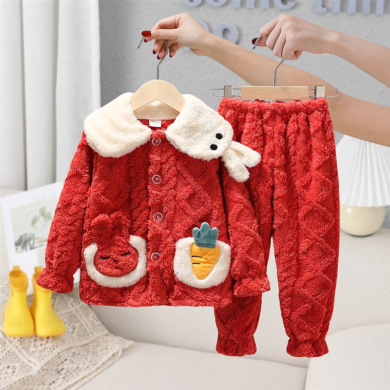 儿童法兰绒睡衣秋冬加厚套装女童戴帽卡通珊瑚绒中小孩宝宝家居服