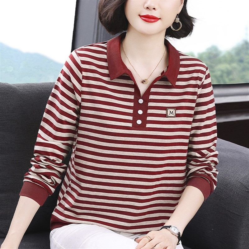 妈妈秋装上衣条纹纯棉打底衫女士翻领长袖t恤中年妇女洋气POLO衫
