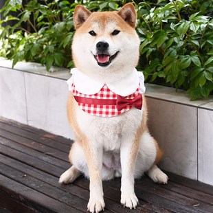宠物口水巾JK格子学院风 狗狗猫咪三角巾蝴蝶结柯基柴犬围脖围