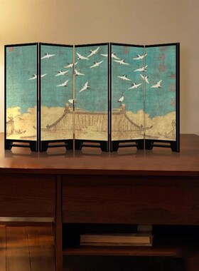 瑞鹤图中古风入户玄关小屏风桌面茶桌家居边柜装饰品复古摆画