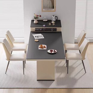 奶油风岩板餐桌茶桌一体两用带电磁炉极简小户型吃饭桌