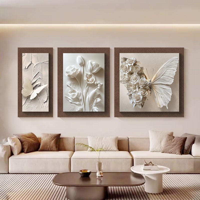黑白蝴蝶客厅装饰画高级感沙发背景墙挂画现代轻奢花卉立体三联画图片