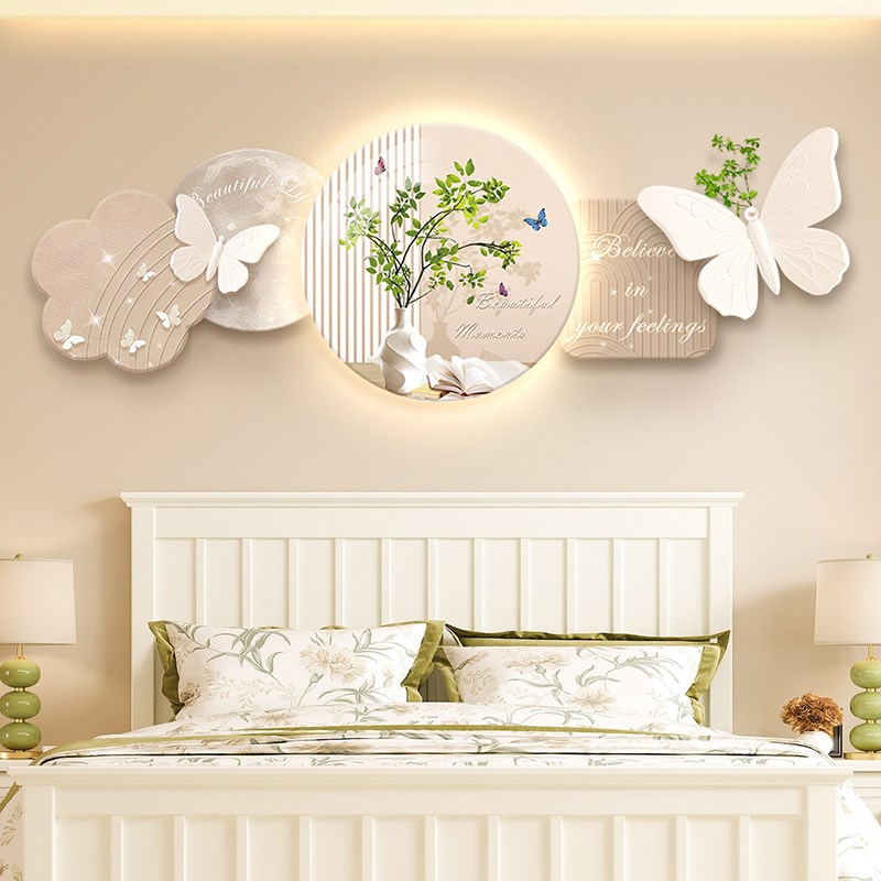 新款奶油风卧室床头挂画房间背景墙led氛围灯发光装饰画天鹅壁画