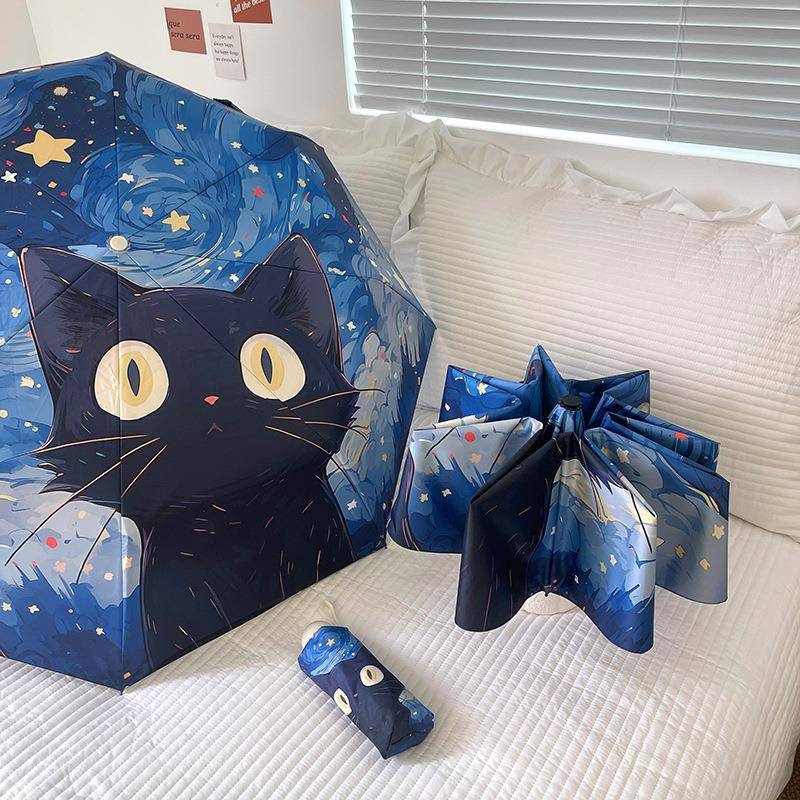 梵高系可爱猫咪卡通折叠伞防晒女晴雨两用遮阳伞便携雨伞