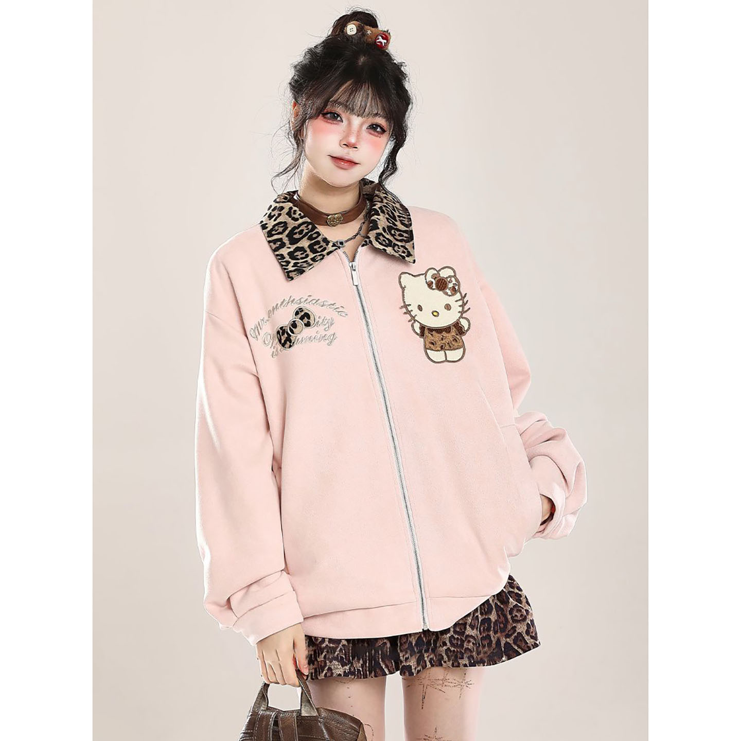 卡通凯蒂猫刺绣卫衣外套女春秋季宽松polo翻领上衣拉链开衫棒球服