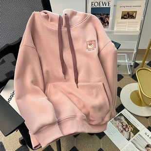 加绒加厚小个子上衣外套 新款 卡通刺绣美式 慵懒风连帽卫衣女秋冬装