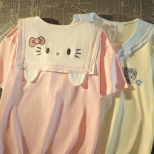t恤女夏季 可爱刺绣kitty猫水手海军领短袖 宽松日系少女减龄上衣服