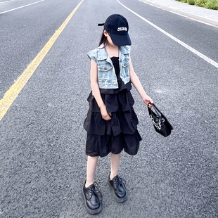 女童夏装套装2023新款大儿童牛仔马甲夏季小孩吊带裙两件套洋气潮