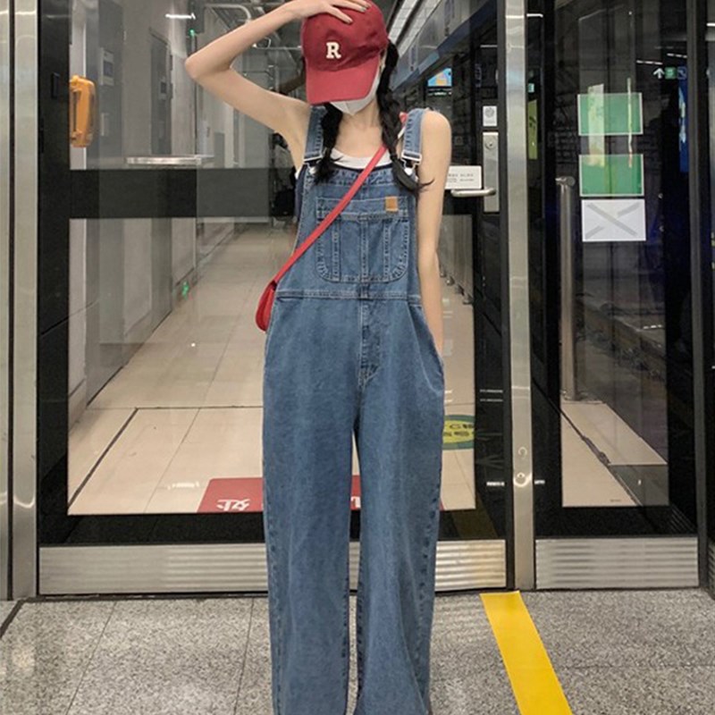 网红盐系小个子牛仔背带裤女夏季复古港味宽松显瘦直筒阔腿长裤子