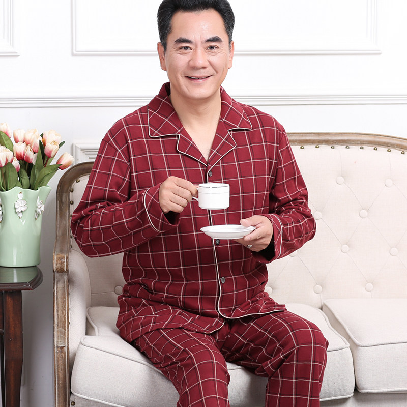中老年男士春秋季纯棉睡衣爸爸长袖红色套装男款本命年喜庆家居服