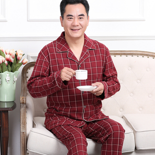 中老年男士春秋季纯棉睡衣爸爸长袖红色套装男款本命年喜庆家居服