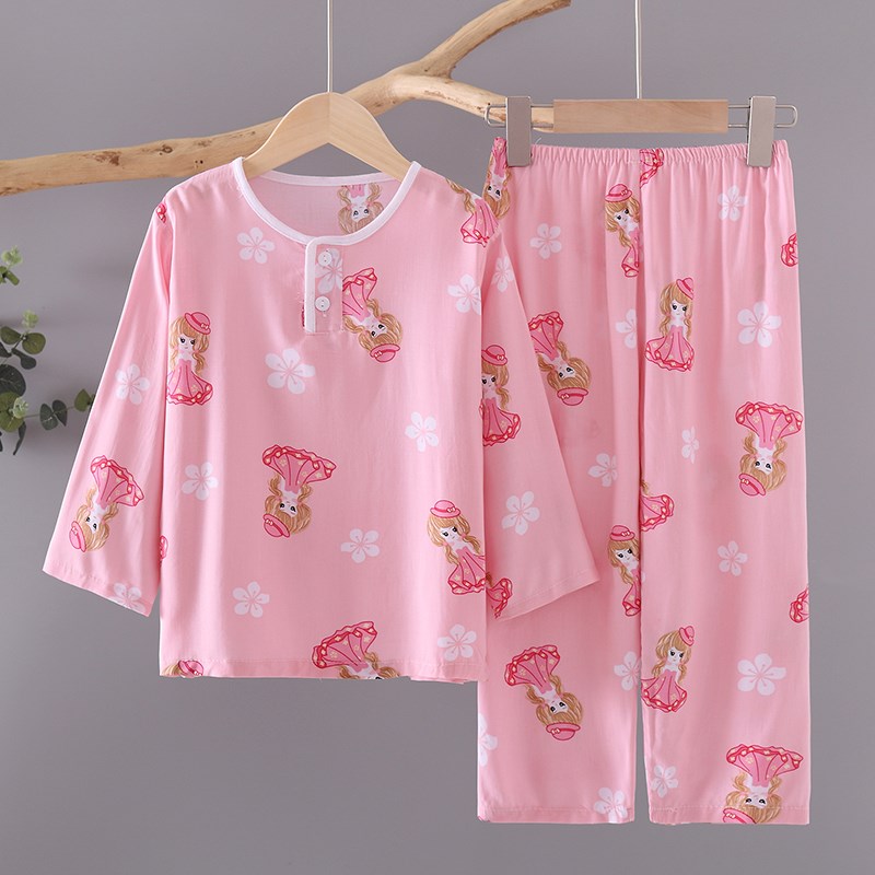 夏季儿童长袖睡衣薄款绵绸男童女童宝宝长袖空调服夏天纯棉绸套装