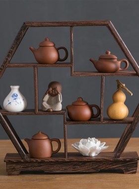 博古架摆件实木新中式小型茶桌客厅玄关装饰办公室电视柜圆形书房