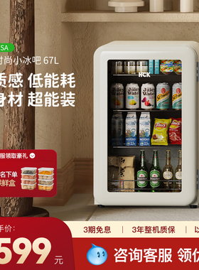 HCK哈士奇冰吧复古小型客厅冷藏柜透明茶叶冰箱一级能效家用