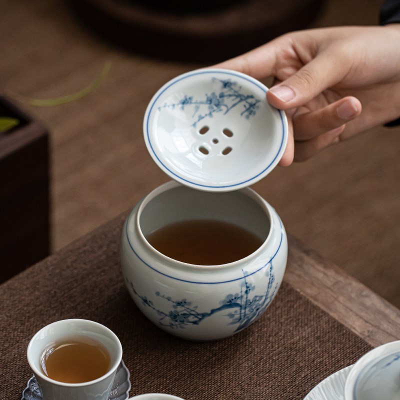 茶渣缸家用陶瓷建水带盖茶洗水盂小号手绘青花复古茶水桶茶道配件