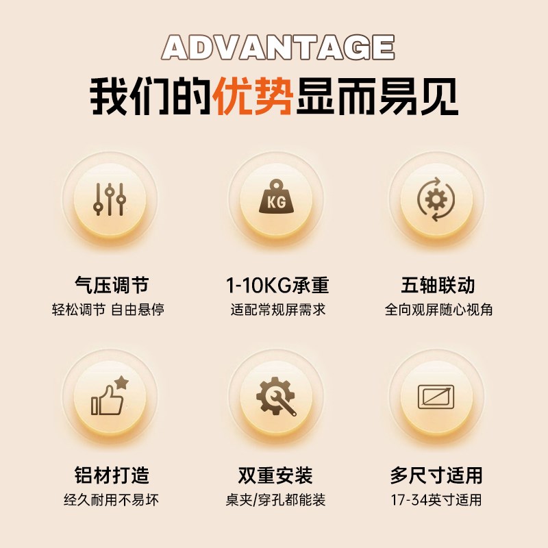 电脑显示器支架双屏机械悬臂气压升降增高架拉伸免打孔底座一拖二