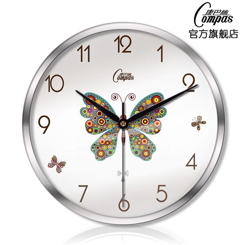 康巴丝钟表客厅卧室创意金属挂钟静音扫描三代智能电波钟9