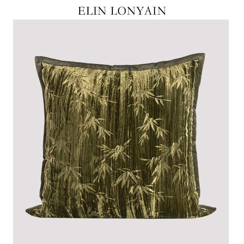 珑衍家居青绿色中古竹林风图案靠垫抱枕样板房酒店家用方枕腰枕