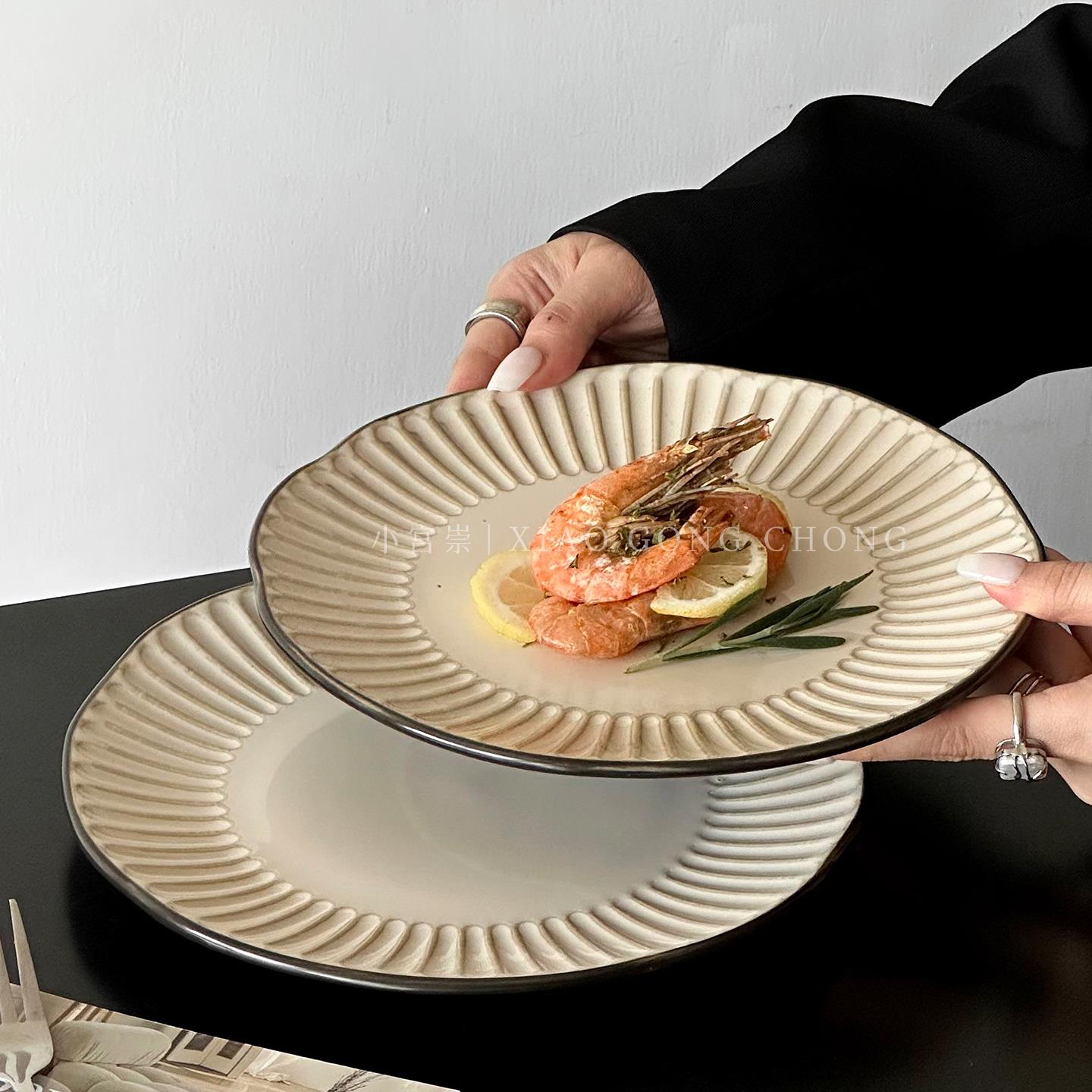 复古不规则陶瓷盘好看的西餐盘牛排盘意面盘家用浮雕沙拉盘甜品盘