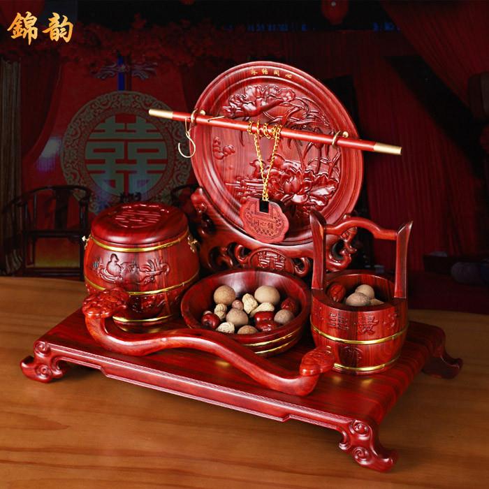 结婚摆件子孙桶三件套浮雕工艺鸳鸯戏水红檀木喜桶出嫁陪嫁用品