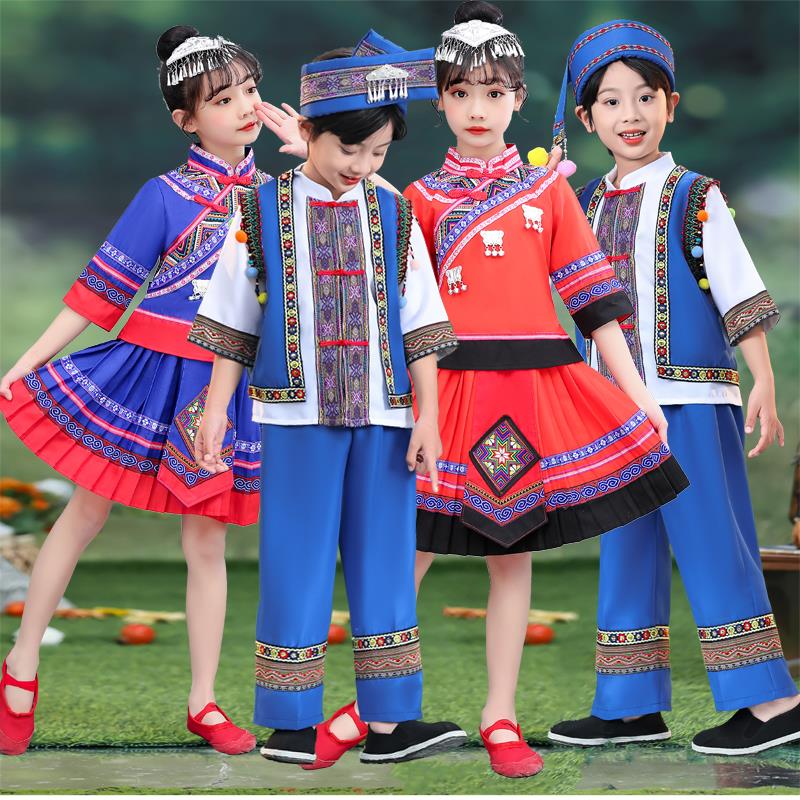 新款男女儿童锡伯族表演服幼儿56个名族合唱演出舞蹈运动会锡伯族