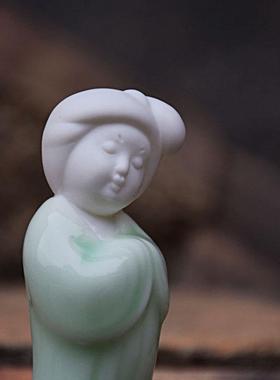 陶瓷唐仕女鹿迷你工艺品中式中国风房间卧室床头柜装饰品茶宠摆件