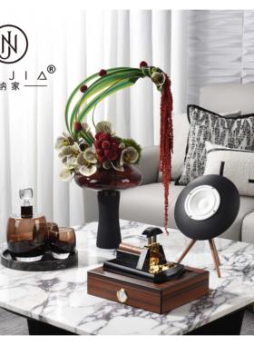 现代花艺木质雪茄盒三足不锈钢音响样板间酒店摆件客厅茶几