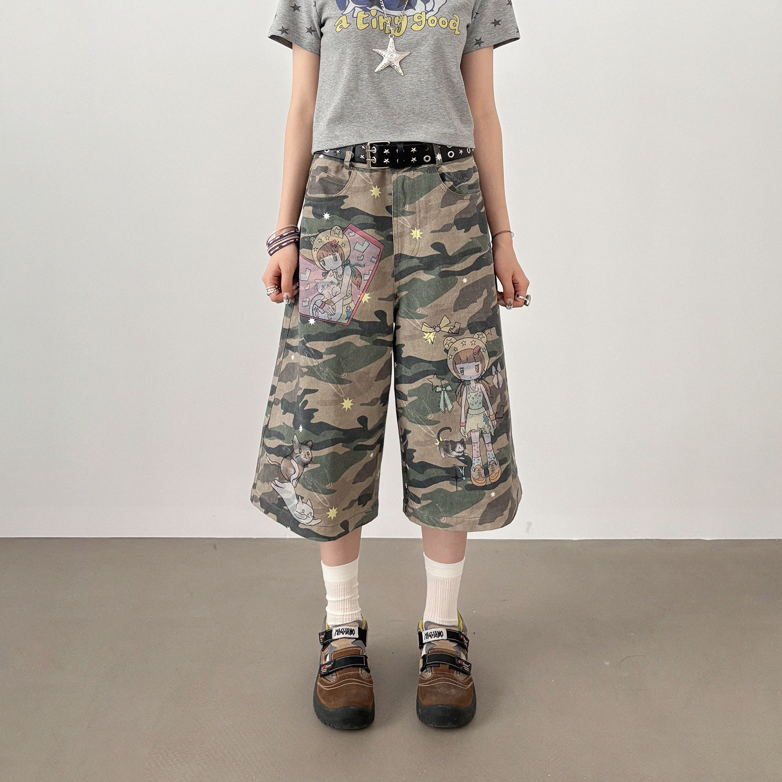 atinygood 流水账手绘女孩猫咪印花七分阔腿裤星星迷彩设计显瘦