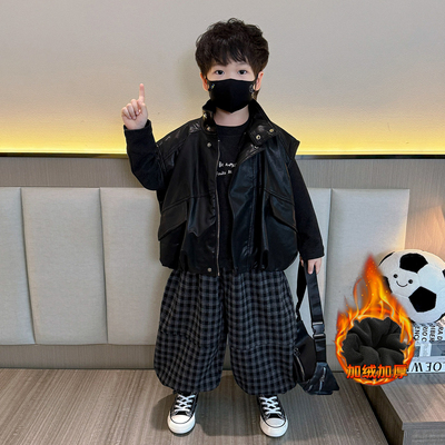 男童秋冬加绒加厚皮马甲三件套