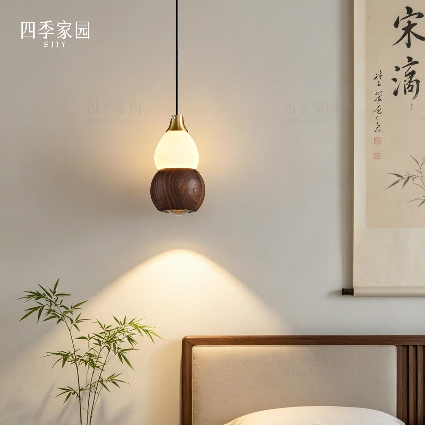 法吊式中古卧室床墙头设小灯北美胡桃木MD-19-3玄关过道电视背景